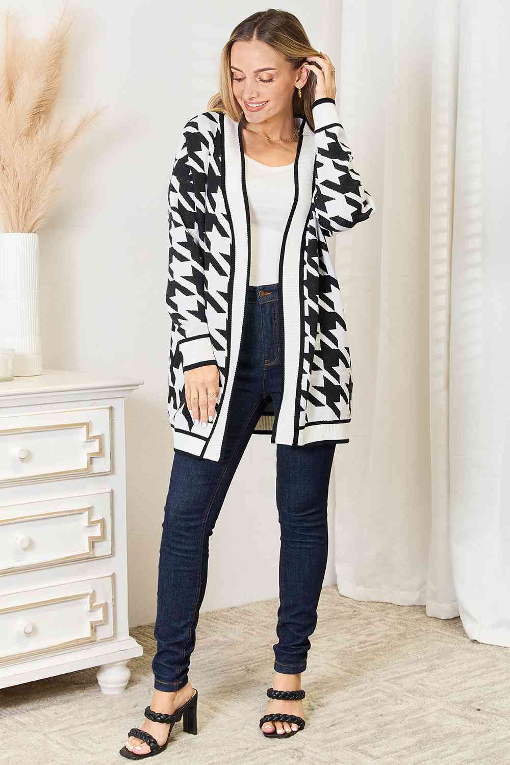 Woven Right Houndstooth Open Front Longline Cardigan - Dashno's Daily Blessings Boutique