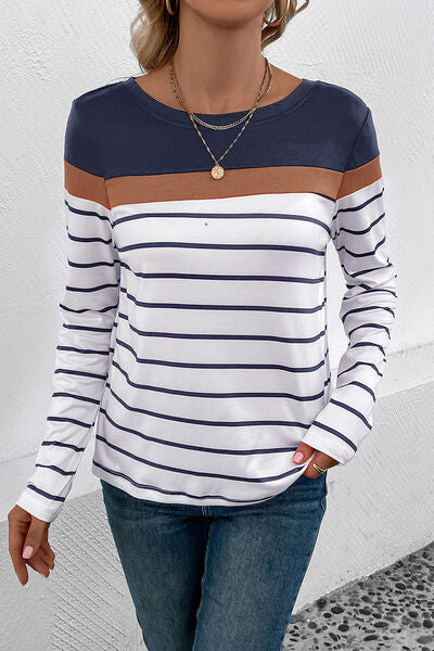 Striped Round Neck Long Sleeve T-Shirt - Dashno's Daily Blessings Boutique