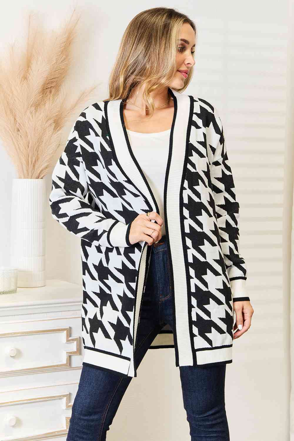 Woven Right Houndstooth Open Front Longline Cardigan - Dashno's Daily Blessings Boutique