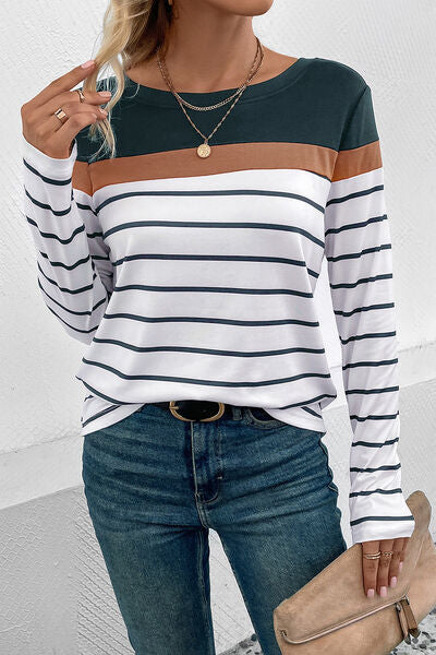 Striped Round Neck Long Sleeve T-Shirt - Dashno's Daily Blessings Boutique