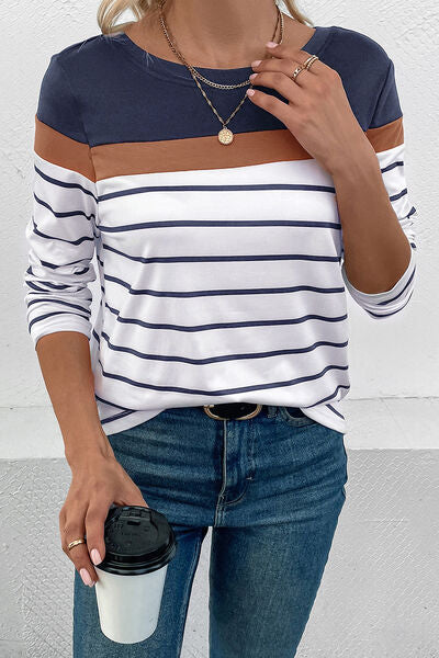 Striped Round Neck Long Sleeve T-Shirt - Dashno's Daily Blessings Boutique