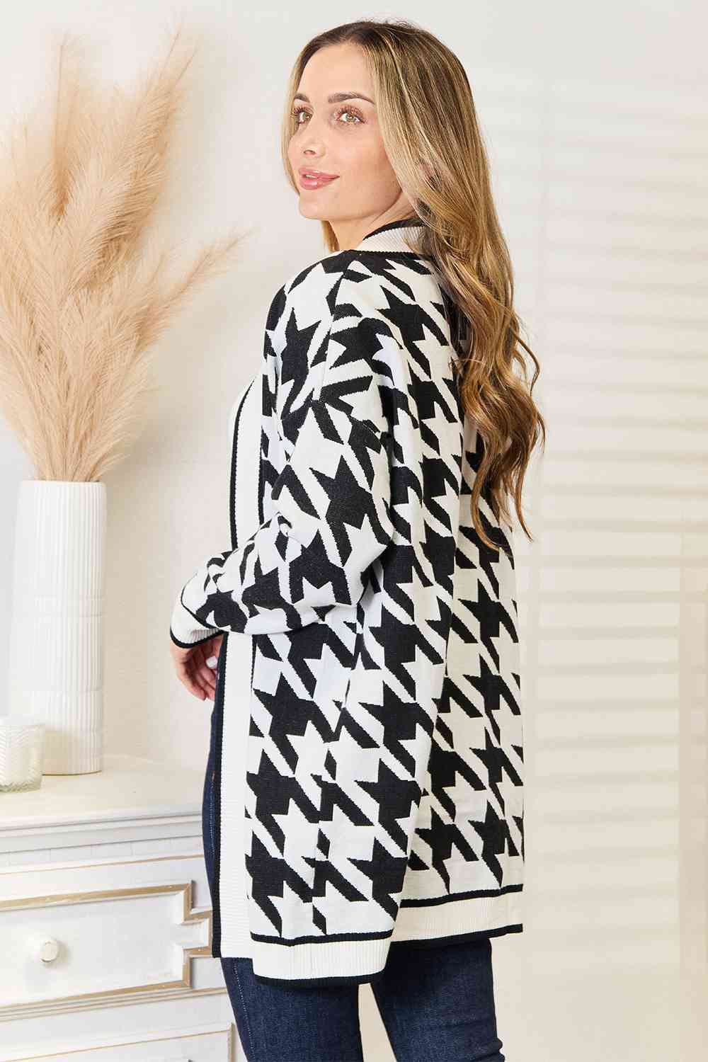 Woven Right Houndstooth Open Front Longline Cardigan - Dashno's Daily Blessings Boutique