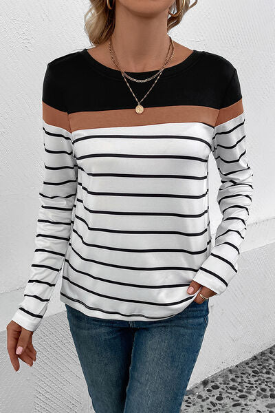 Striped Round Neck Long Sleeve T-Shirt - Dashno's Daily Blessings Boutique