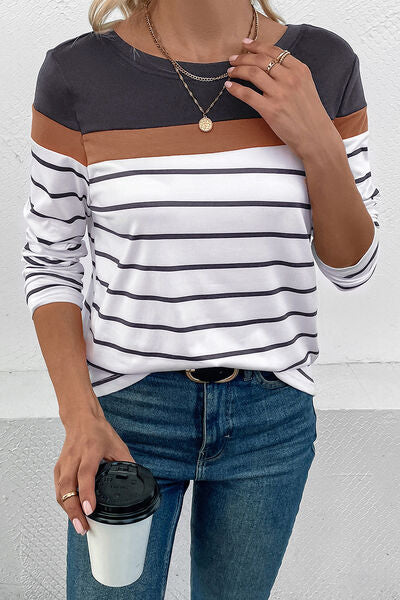 Striped Round Neck Long Sleeve T-Shirt - Dashno's Daily Blessings Boutique