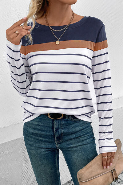 Striped Round Neck Long Sleeve T-Shirt - Dashno's Daily Blessings Boutique