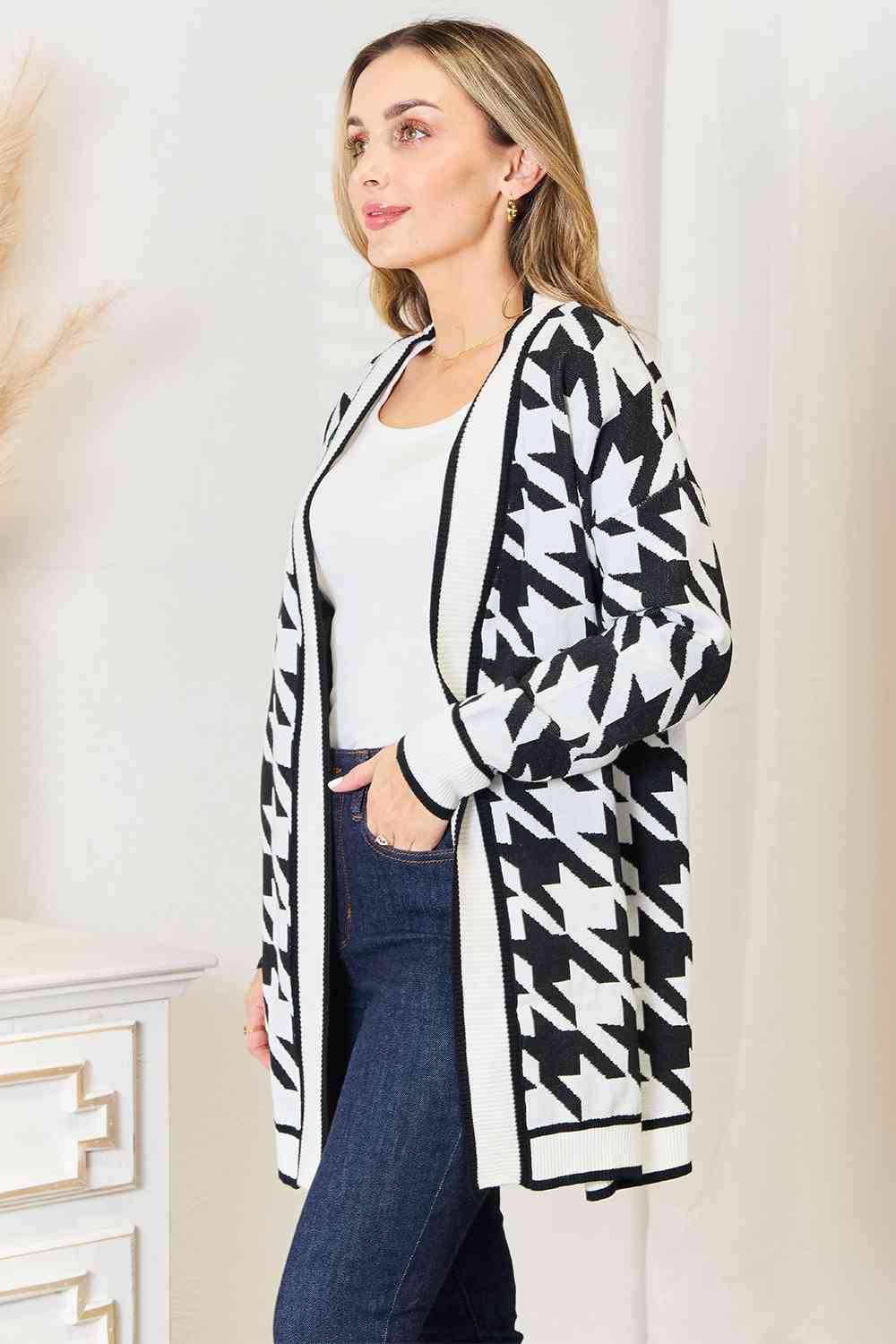 Woven Right Houndstooth Open Front Longline Cardigan - Dashno's Daily Blessings Boutique