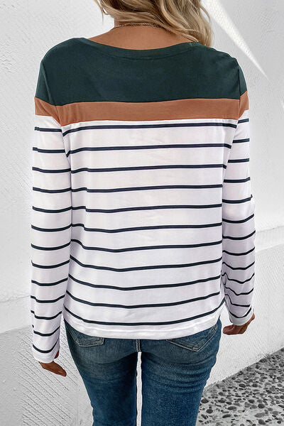 Striped Round Neck Long Sleeve T-Shirt - Dashno's Daily Blessings Boutique
