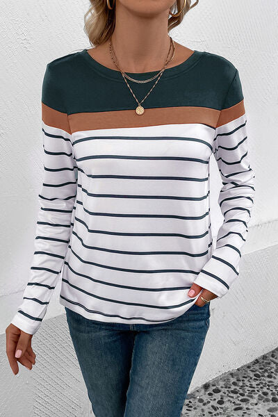 Striped Round Neck Long Sleeve T-Shirt - Dashno's Daily Blessings Boutique