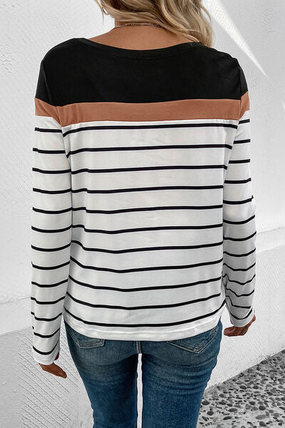 Striped Round Neck Long Sleeve T-Shirt - Dashno's Daily Blessings Boutique
