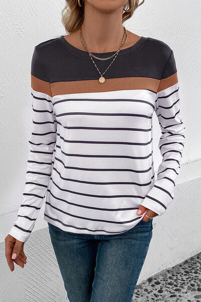 Striped Round Neck Long Sleeve T-Shirt - Dashno's Daily Blessings Boutique