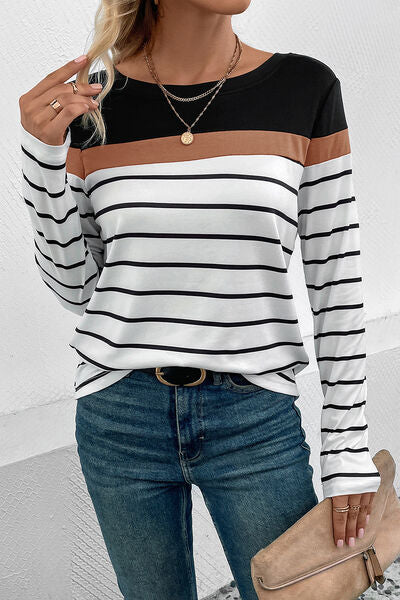 Striped Round Neck Long Sleeve T-Shirt - Dashno's Daily Blessings Boutique