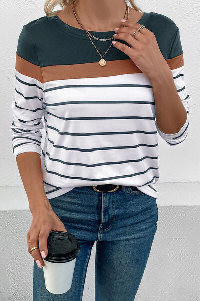 Striped Round Neck Long Sleeve T-Shirt - Dashno's Daily Blessings Boutique
